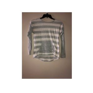 Long sleeved gray and white striped shirt